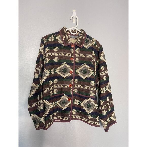 Vintage Jane Ashley Sz L Cotton Aztec Western Button Up Long Sleeve Jacket - Picture 1 of 10